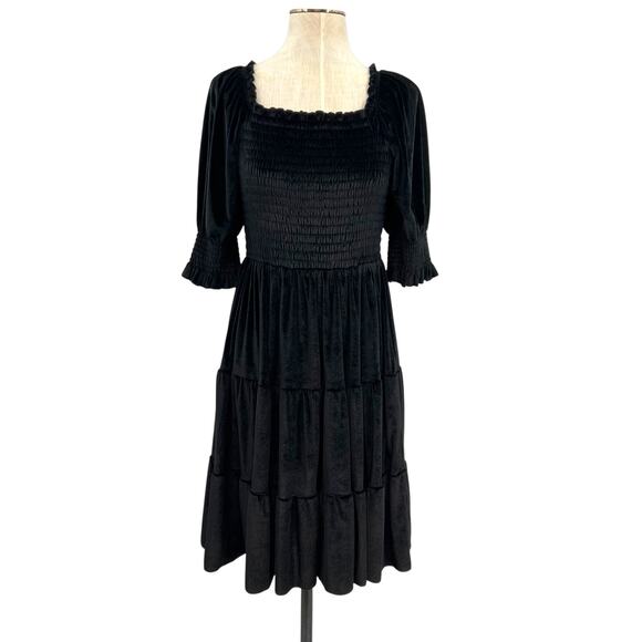 Baltic Born Bliss Smocked Velvet Dress Mini Tiered Black Size Medium - Picture 2 of 11